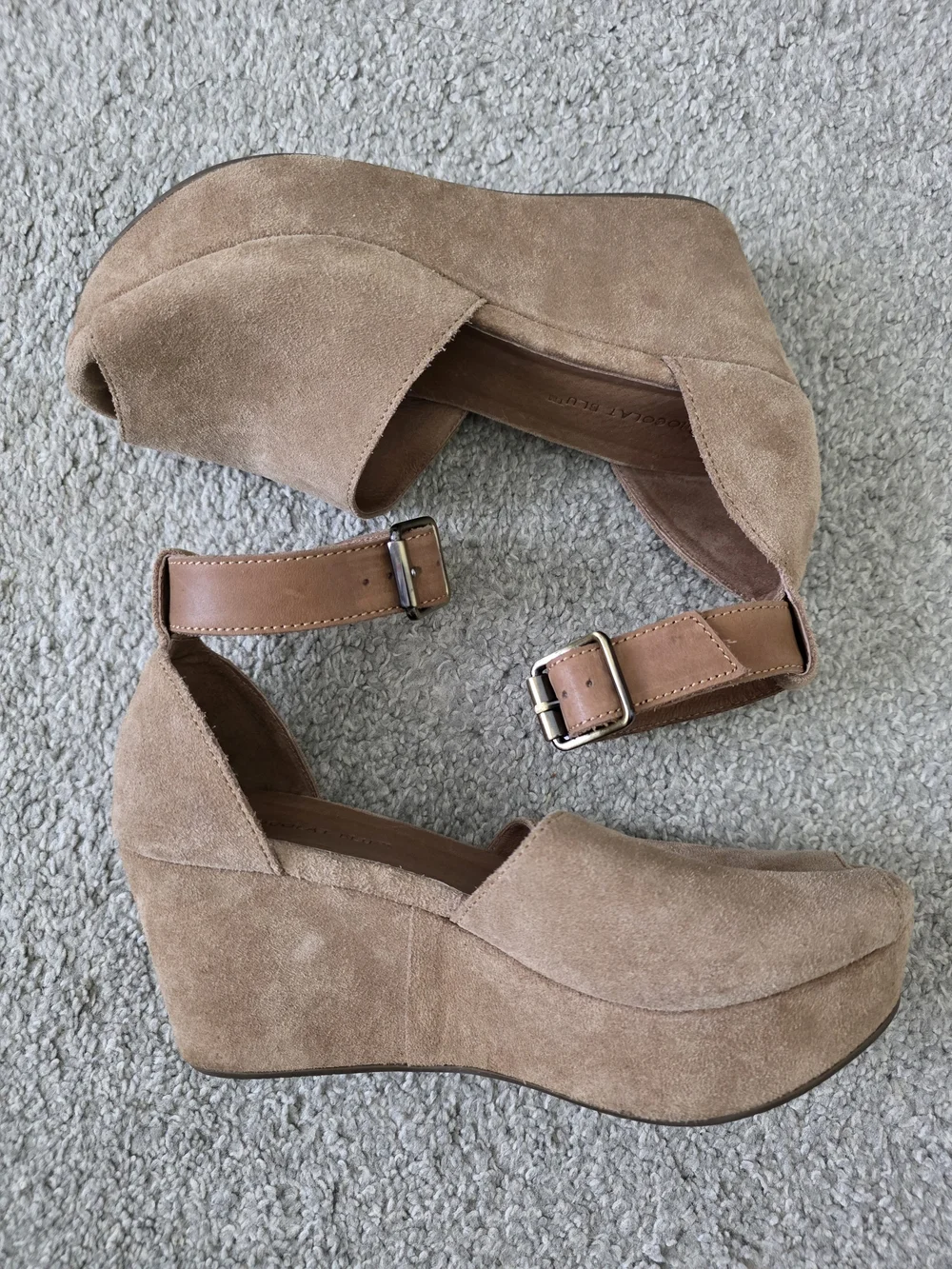 Chocolat Blu Beige Suede Platform Wedge Sandals with Ankle Buckles